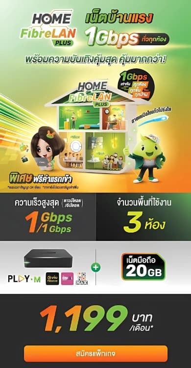 HOME FibreLAN PLUS 3 ห้อง - เน็ตบ้าน 1 Gbps ครอบคลุม 3 ห้อง